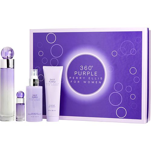 Perry Ellis 360 Purple Eau De Parfum Spray 3.4 oz,Body Mist 4 oz, and Shower Gel