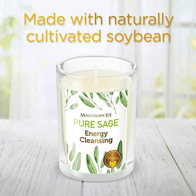 Magnificent 101 Long Lasting Pure Sage Scented Smudge Candles | 6 Oz - 30 Hour Burn | All Natural & Organic Soy Wax Candle with Essential Oils for House Energy Cleansing, Purification & Manifestation