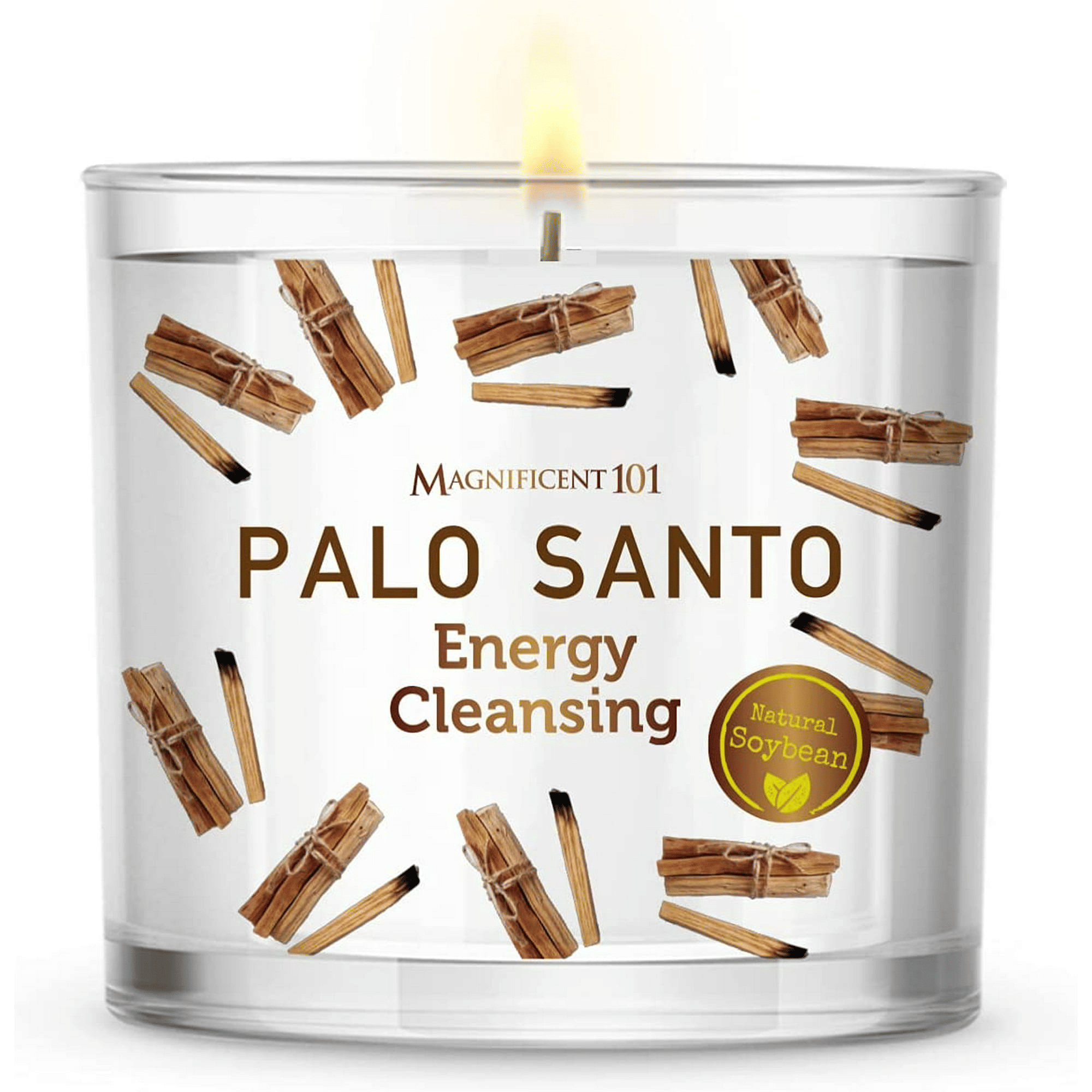 Magnificent 101 Long Lasting Palo Santo Scented Aromatherapy Candle | 14 Oz - 56 Hour Burn | A ll N atural & Organic Soy Wax Smudge Candle for House Energy Cleansing, Purification & Manifestation