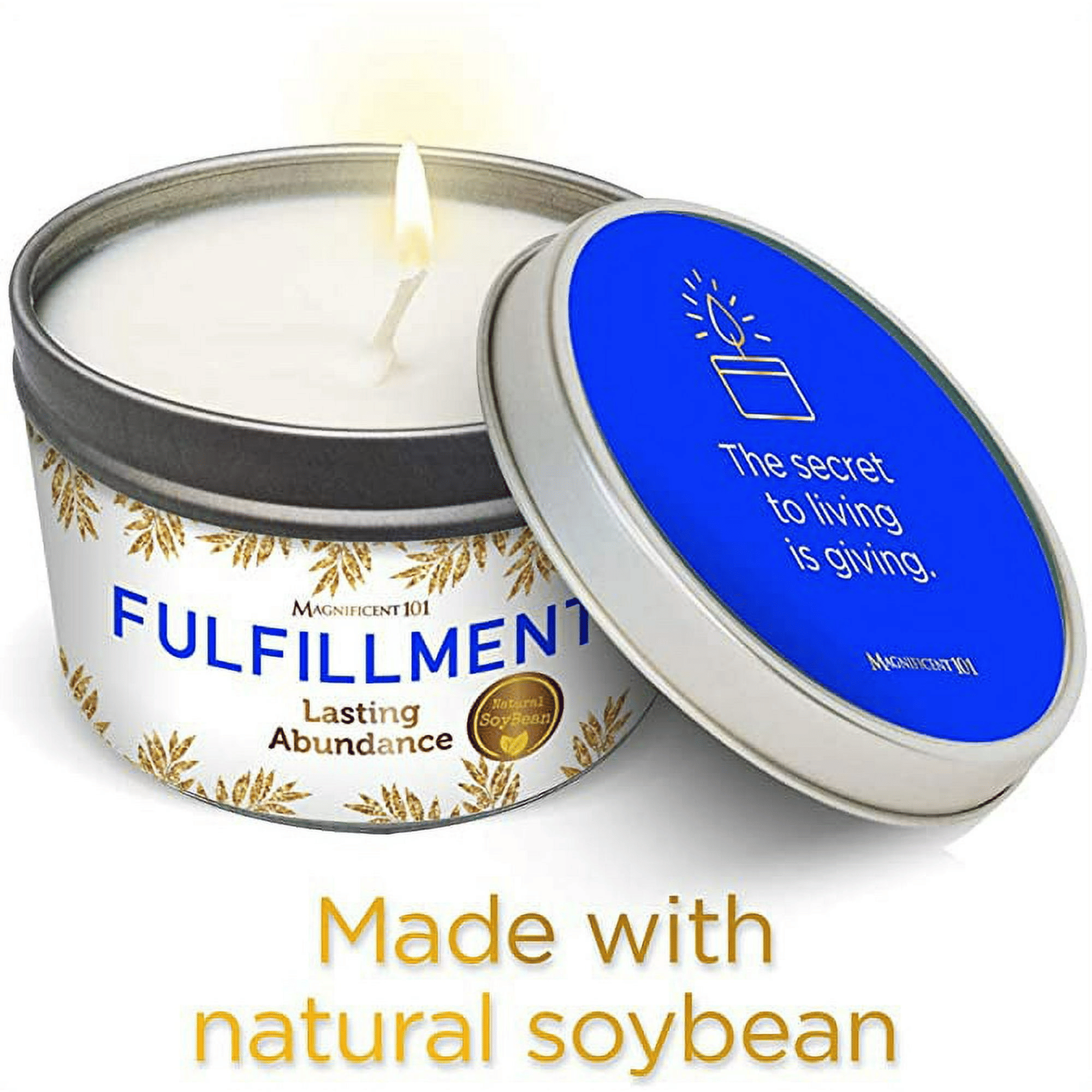 Magnificent 101 Long Lasting Fulfillment Smudge Candle for Lasting Abundance | 6 Oz - 35 Hour Burn | Soy Wax Candle with Sage Leaves, Lemon, Rosemary & Sandalwood