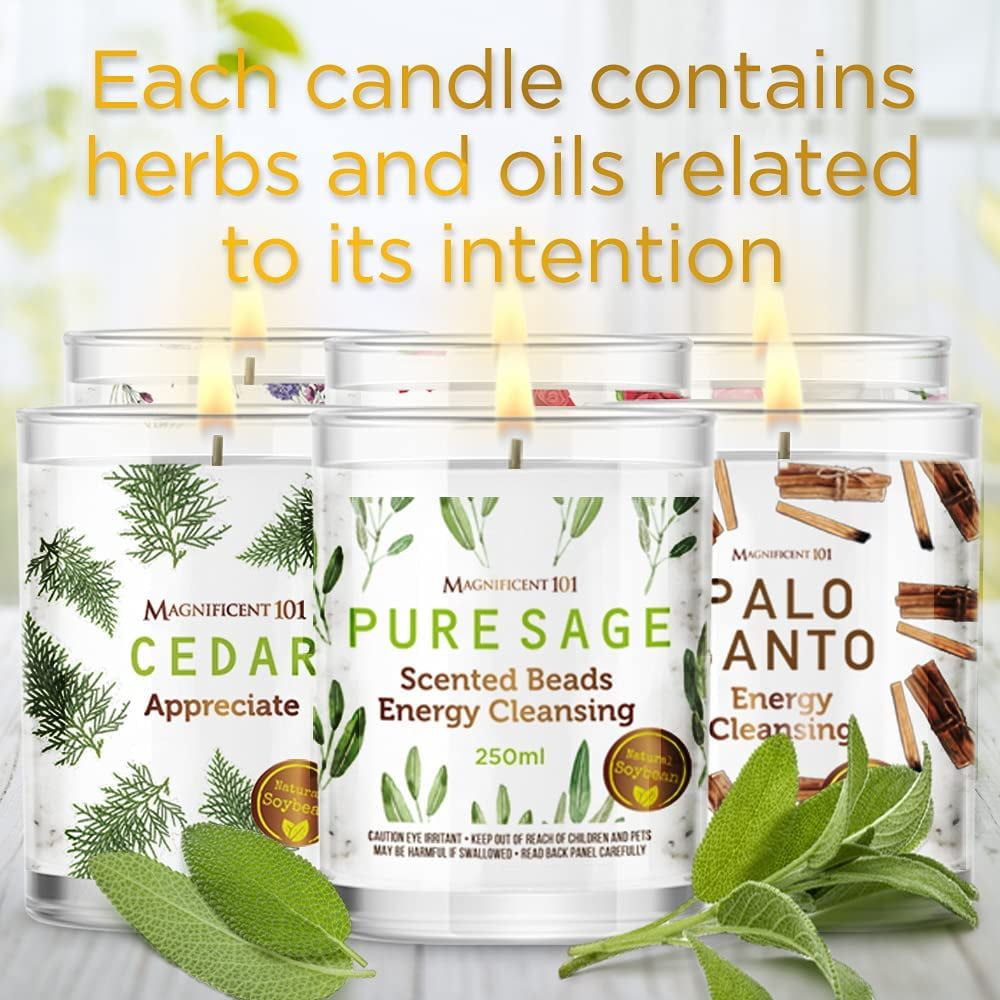 Magnificent 101 Long Lasting Manifestation Steps Set of 6 Smudge Candles 3.5 Oz Each - 84 Hour Burn | All Natural & Organic Soy Wax Candles with Cedar, Palo Santo, Pure Sage, Lotus, Rose & Lavender