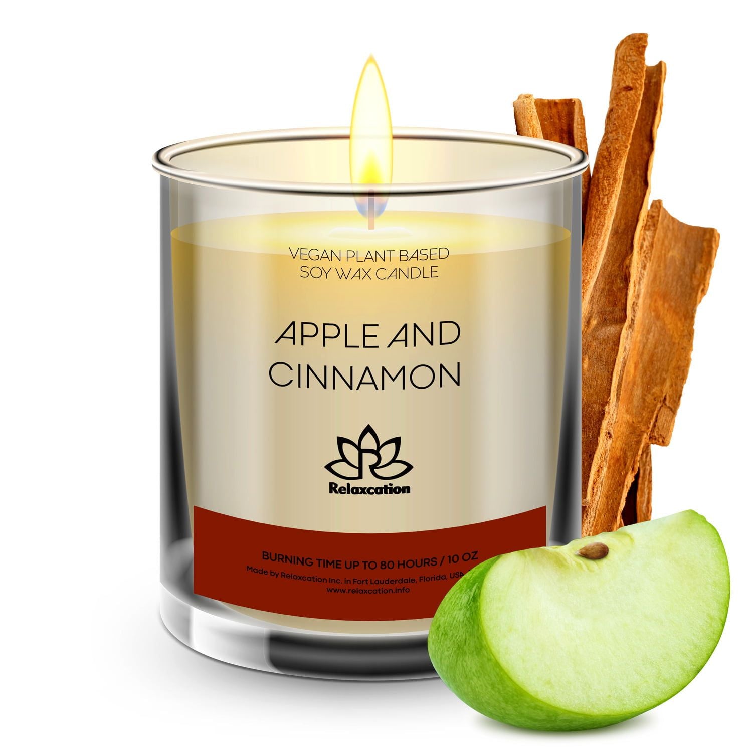 Soy Wax Candle in Glass Jar Apple Cinnamon Scented Candle Clean Burn up to 80 Hours Handmade in USA Natural and Safe by Relaxation 10 oz