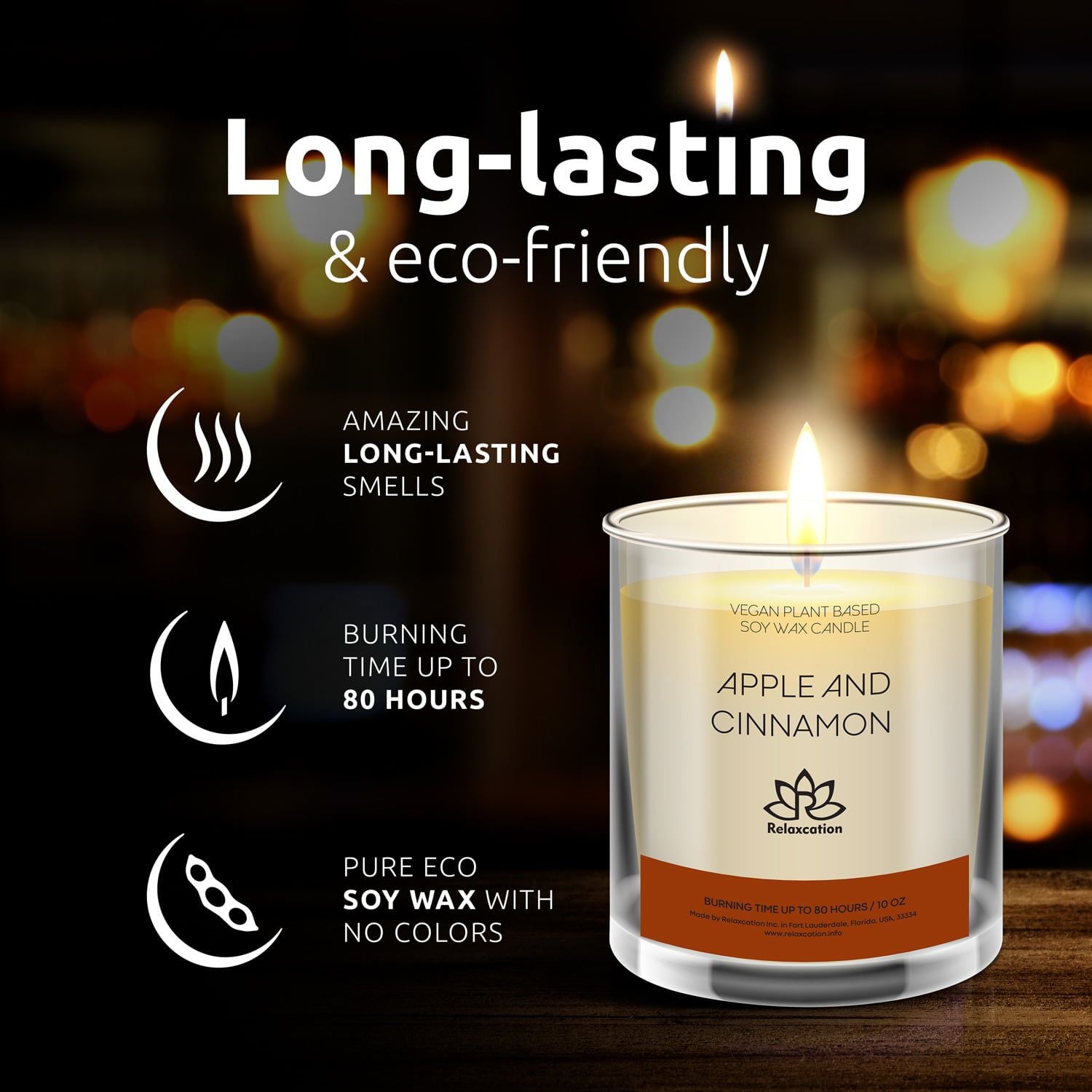 Soy Wax Candle in Glass Jar Apple Cinnamon Scented Candle Clean Burn up to 80 Hours Handmade in USA Natural and Safe by Relaxation 10 oz