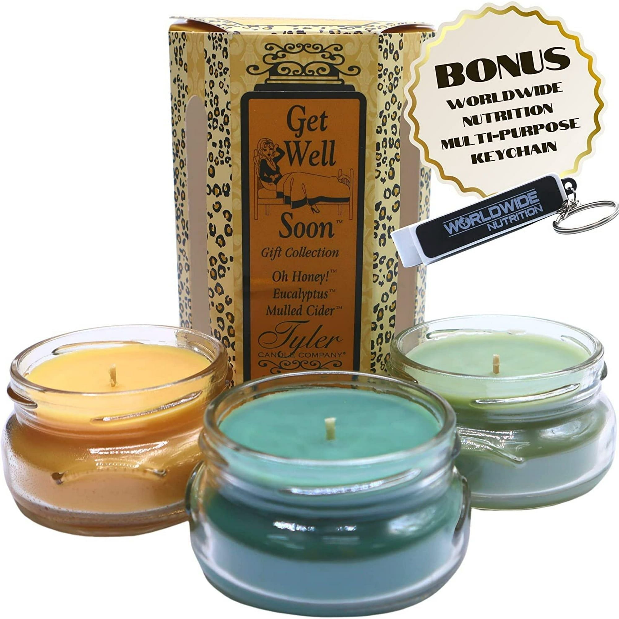 Tyler Candle Company Get Well Soon Candle Gift Set , Scented Candles, Aromatherapy Candle, 3 Long Lasting Candles with Natural Essential Oils, 3.4 oz Each w Worldwide Nutrition Multi Purpose Key Chain