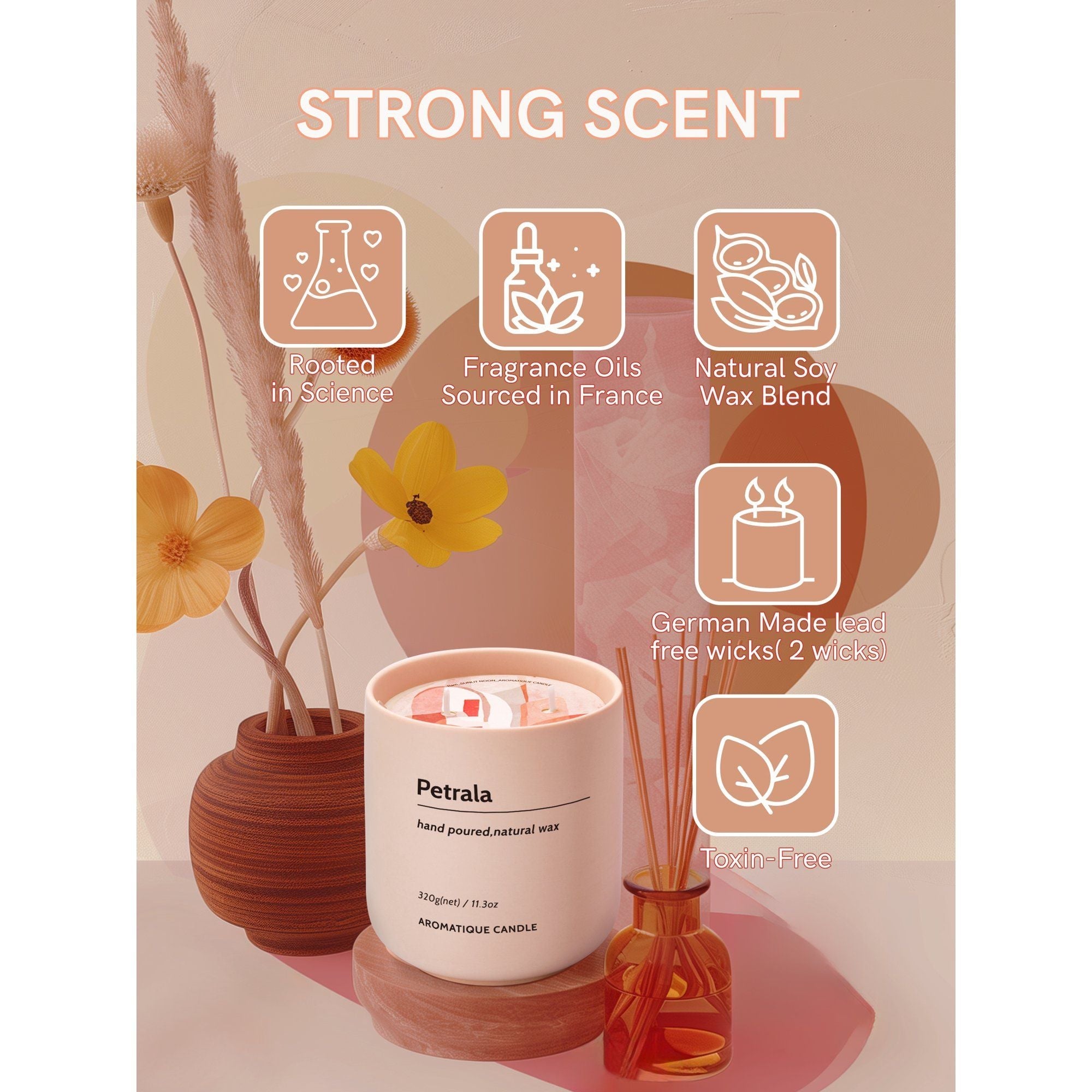 Petrala 11.3 Oz 50 Hours Burn Time Amber Candle Strong Scented Candles , Natural Soy and 2 Lead-Free Cotton Wicks Musk Fragrance Pink Candle.Gift for Birthday Mothers Day Gifts
