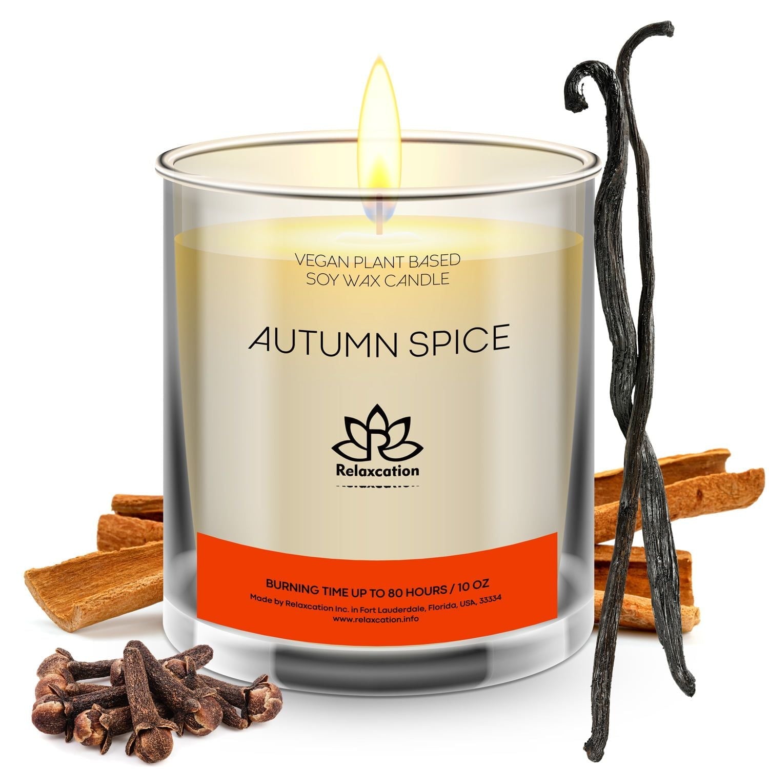 Soy Wax Candle in Glass Jar Autumn Spices Scented Candle Clean Burn up to 80 Hours Handmade in USA Natural and Safe by Relaxation 10 oz