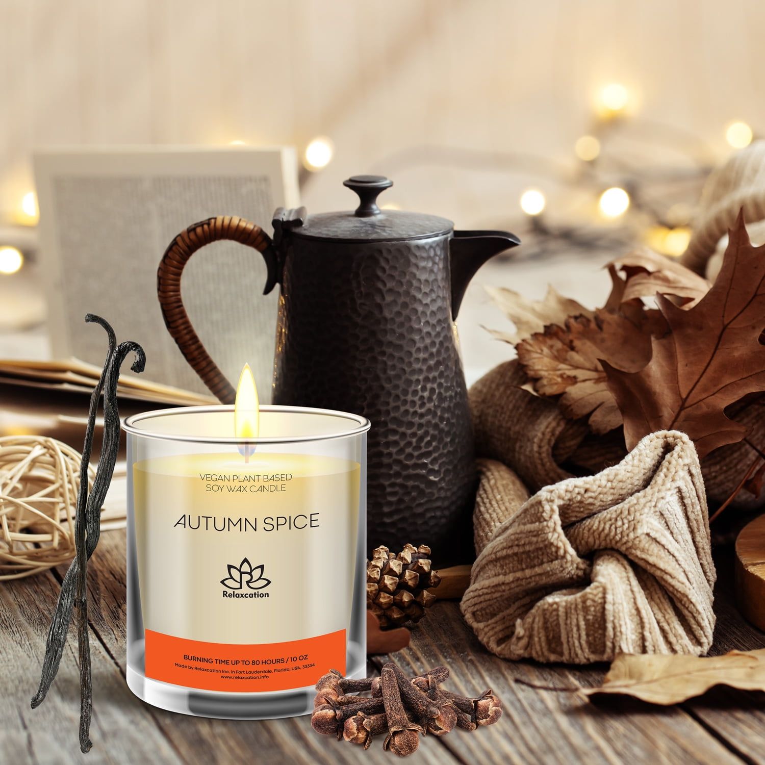 Soy Wax Candle in Glass Jar Autumn Spices Scented Candle Clean Burn up to 80 Hours Handmade in USA Natural and Safe by Relaxation 10 oz