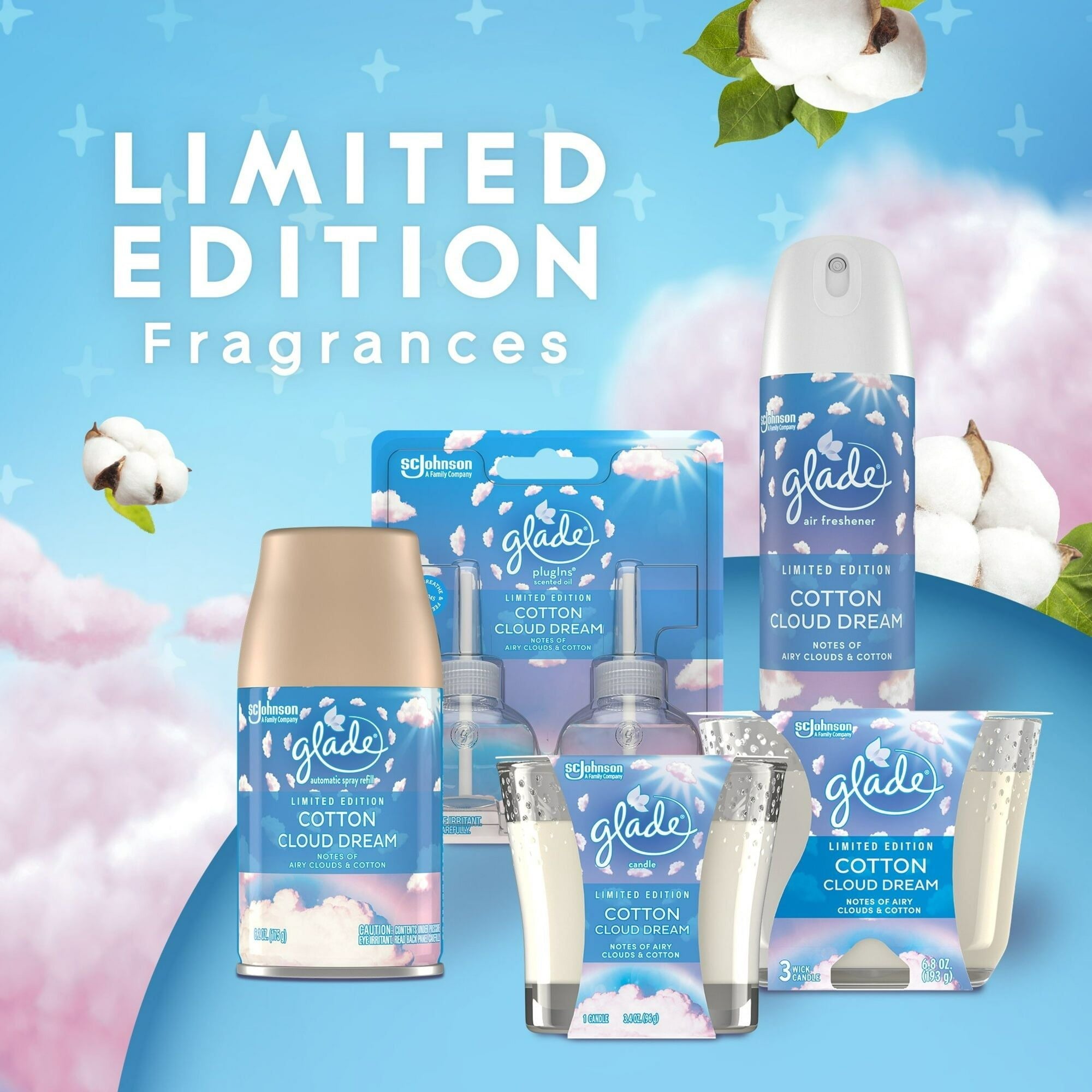 Glade Scented Candle Jar, Cotton Cloud Dream Scent, Infused with Essential Oils, Spring Limited Edition Fragrance, Positive Vibes Collection, 2 Candles, 3.4 Oz, 96 g each