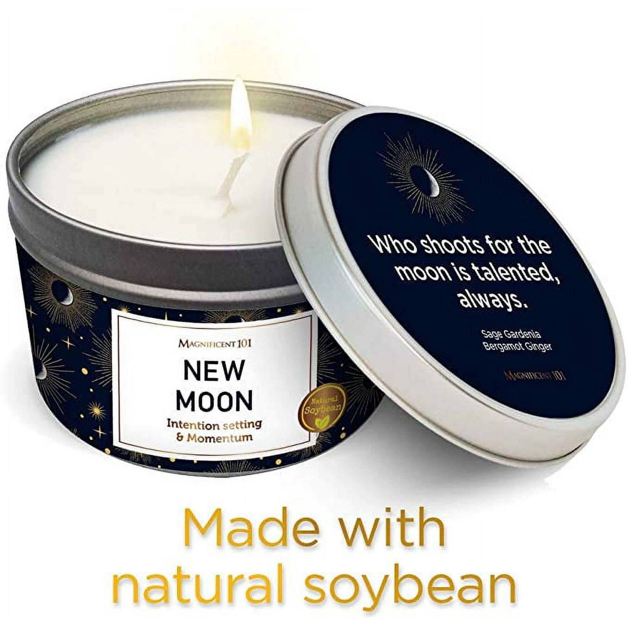 Magnificent 101 Long Lasting New Moon Aromatherapy Candle | 6 Oz - 35 Hour Burn Time | A ll N atural Soy Wax Candle with Sage, Sandalwood & Bergamot for House Energy Cleansing, Momentum & Manifestation