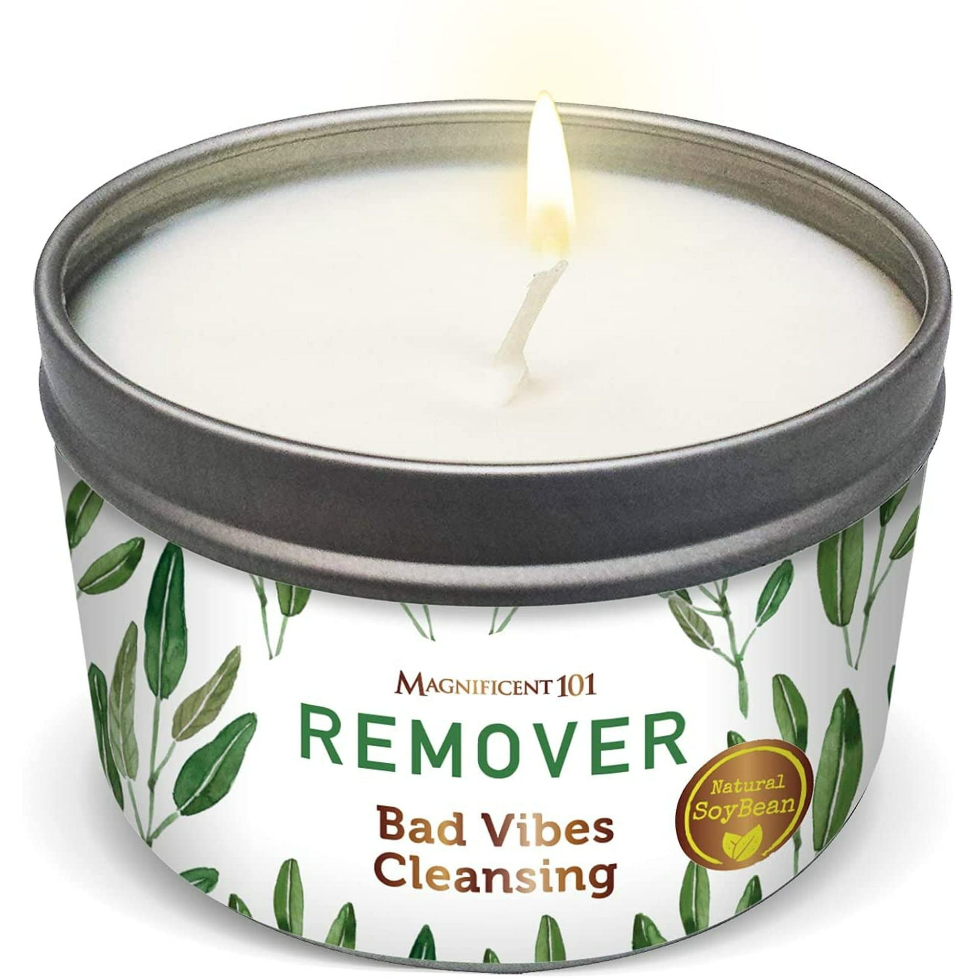 Magnificent 101 Long Lasting Remover Smudge Candle | 6 Oz - 35 Hour Burn | A ll N atural Pure Sage Scented Soy Wax Candle for House Energy Cleansing & Manifestation | Erase Negativity with Positivity