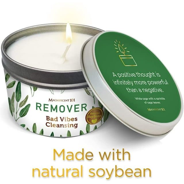 Magnificent 101 Long Lasting Remover Smudge Candle | 6 Oz - 35 Hour Burn | A ll N atural Pure Sage Scented Soy Wax Candle for House Energy Cleansing & Manifestation | Erase Negativity with Positivity