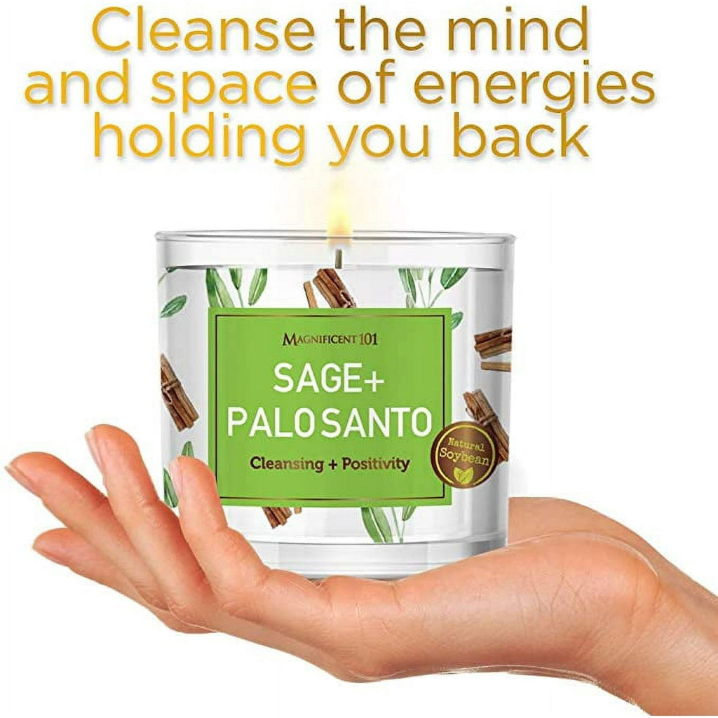 Magnificent 101,14oz Natural Soy Aromatherapy Candle With Sage and Palo Santo, Woody & Earthy Scented