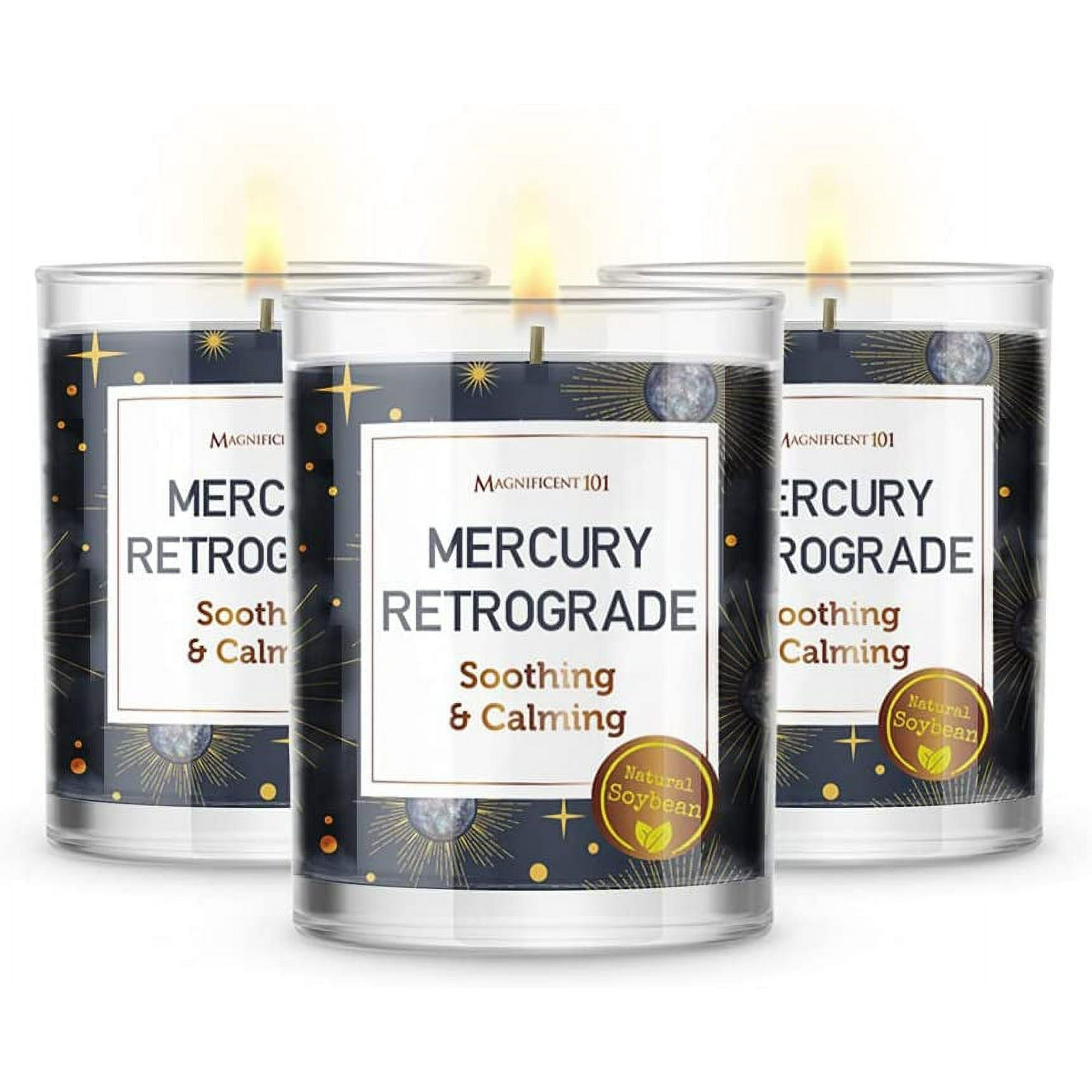 Magnificent 101 Set of 3 Long-Lasting Mercury Retrograde Aromatherapy Candles 10.5 Oz - 42-Hour Burn 100% Soy Wax, Herbs Ideal for Meditation, Energy Cleansing & Manifestation