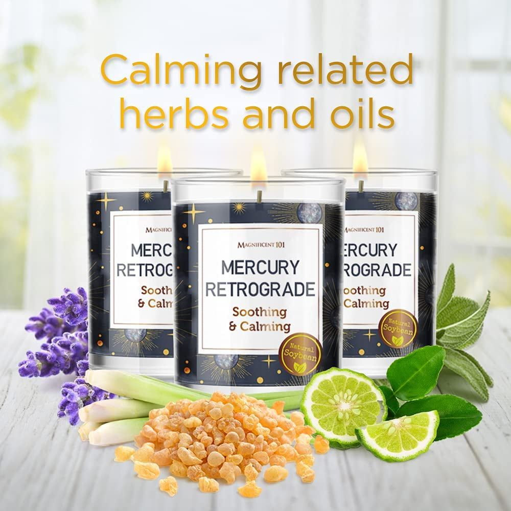 Magnificent 101 Set of 3 Long-Lasting Mercury Retrograde Aromatherapy Candles 10.5 Oz - 42-Hour Burn 100% Soy Wax, Herbs Ideal for Meditation, Energy Cleansing & Manifestation