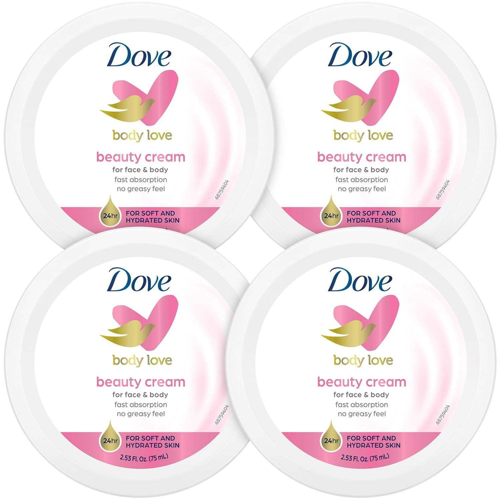 Dove Lotion, Beauty Cream - Light, Fast-Absorbing Face and Body Cream for Normal to Dry Skin, 24-Hour Moisture, Luxuriously Scented Face Cream, Hand & Body Lotion, Travel Size, 2.53 Fl Oz (Pack of 4)
