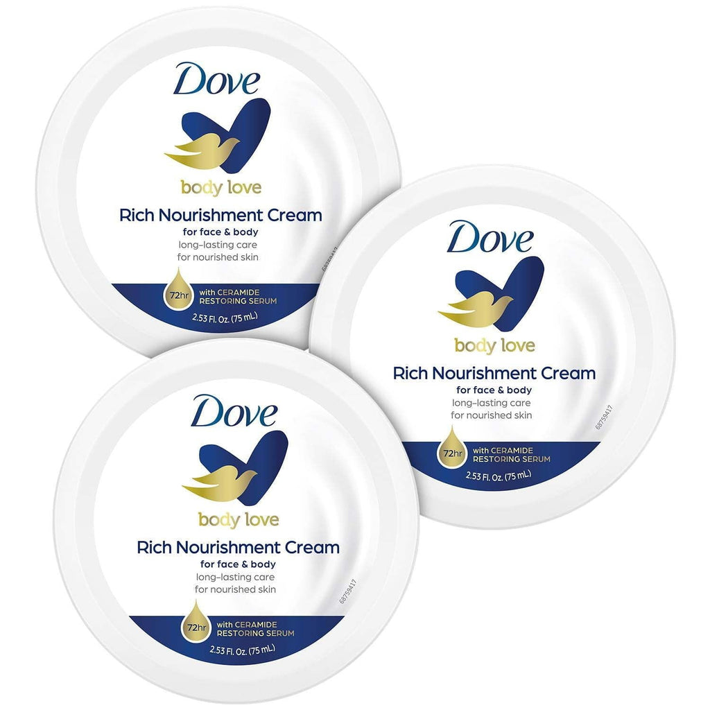 Dove Body Love Rich Nourishment Cream, Face, Hand & Body Lotion for Extremely Dry Skin, Fast-Absorbing 72-Hour Moisturizing Cream with Ceramide Serum, Travel Size, 2.53 Oz (Pack of 3)