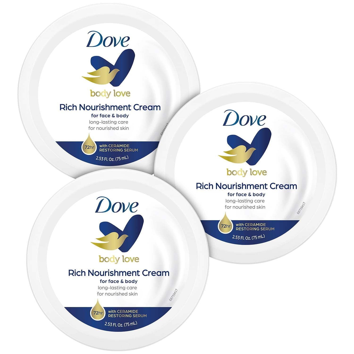 Dove Body Love Rich Nourishment Cream, Face, Hand & Body Lotion for Extremely Dry Skin, Fast-Absorbing 72-Hour Moisturizing Cream with Ceramide Serum, Travel Size, 2.53 Oz (Pack of 3)