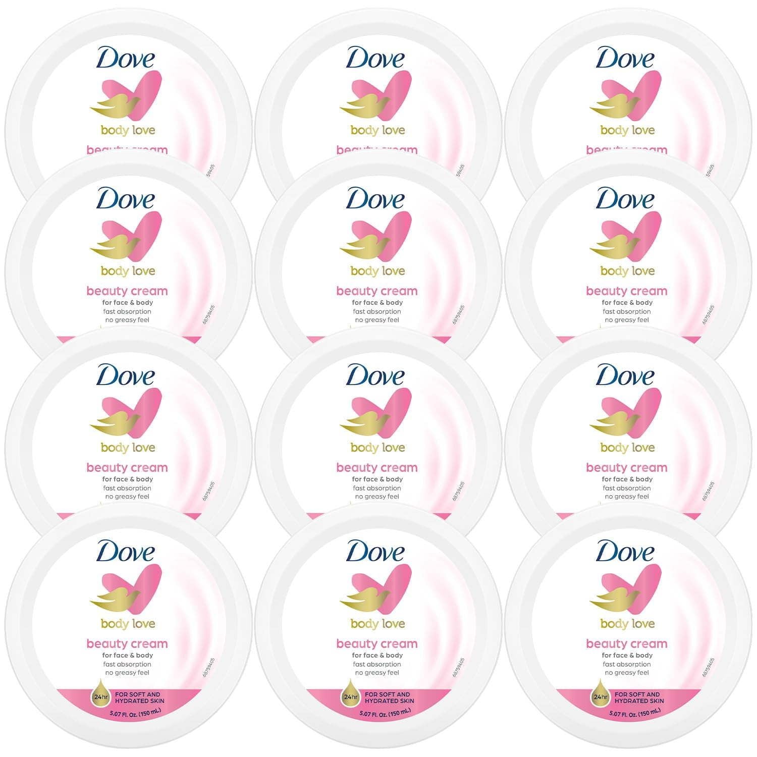 Dove Body Love Beauty Cream, Lightweight, Fast-Absorbing Face and Body Cream for Normal to Dry Skin, 24-Hour Moisture, Luxuriously Scented Face Cream, Hand & Body Lotion, 5.07 Fl Oz (Pack of 12)
