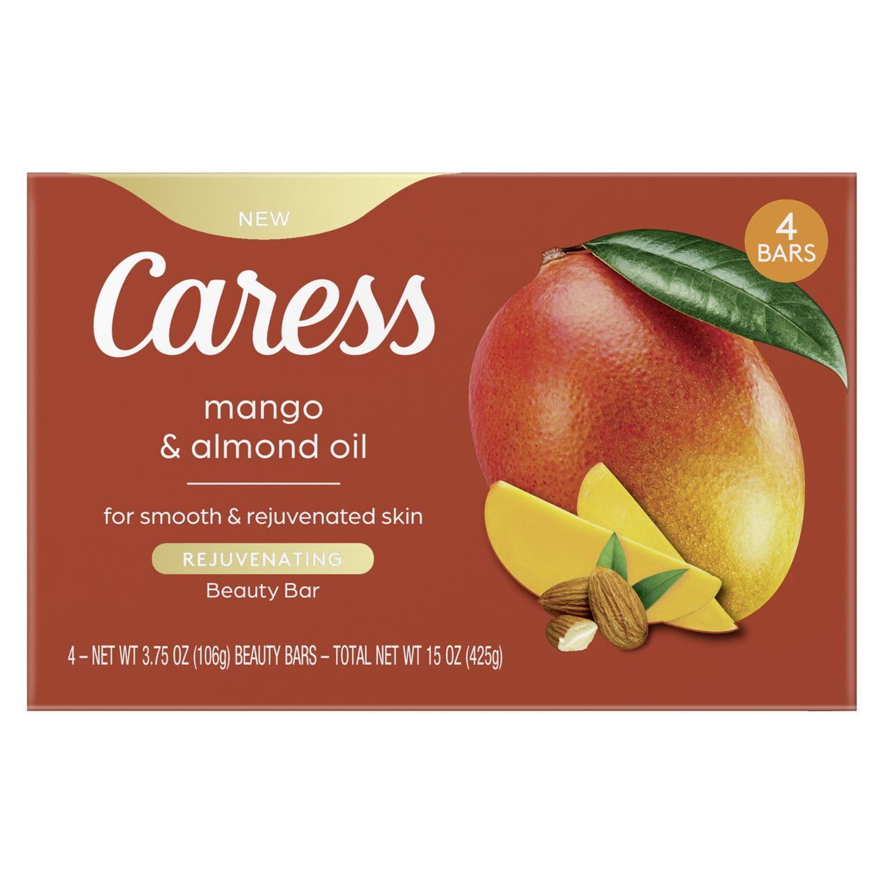 Caress Bar Soap for Women, Mango & Almond Oil for All Skin 3.75oz (4 Body Bath Bars)