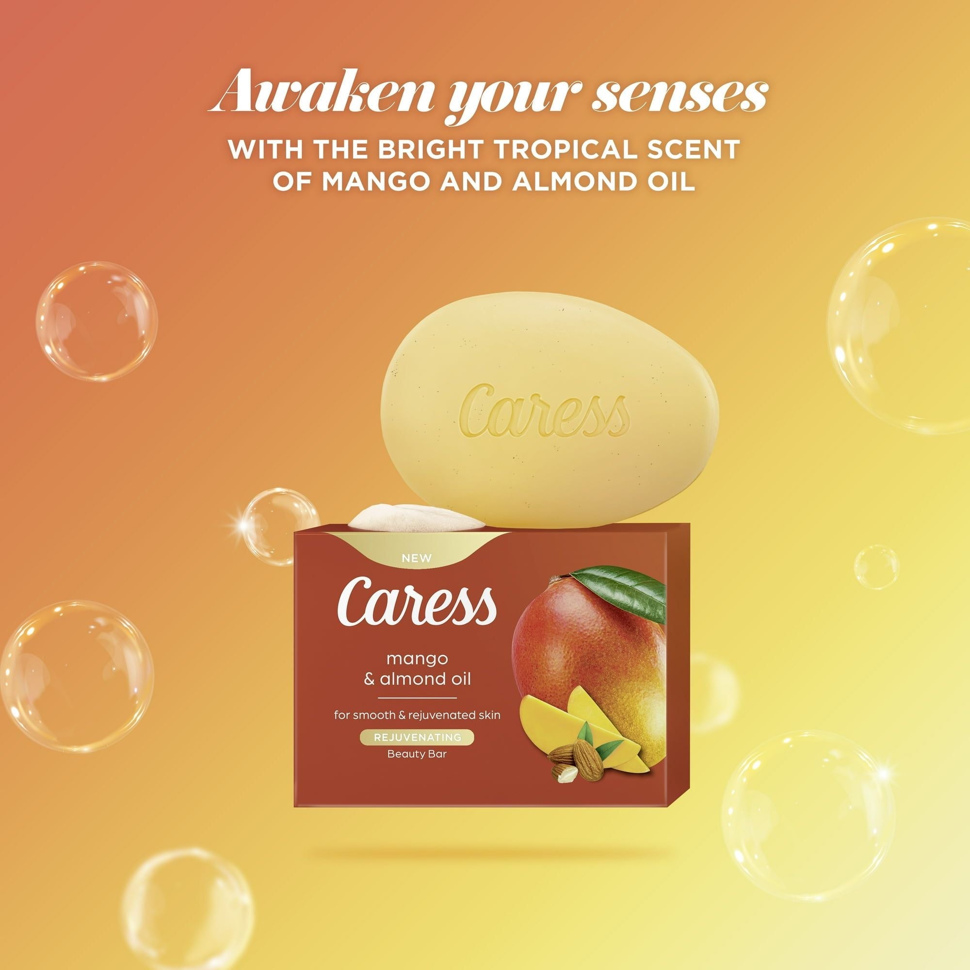 Caress Bar Soap for Women, Mango & Almond Oil for All Skin 3.75oz (4 Body Bath Bars)