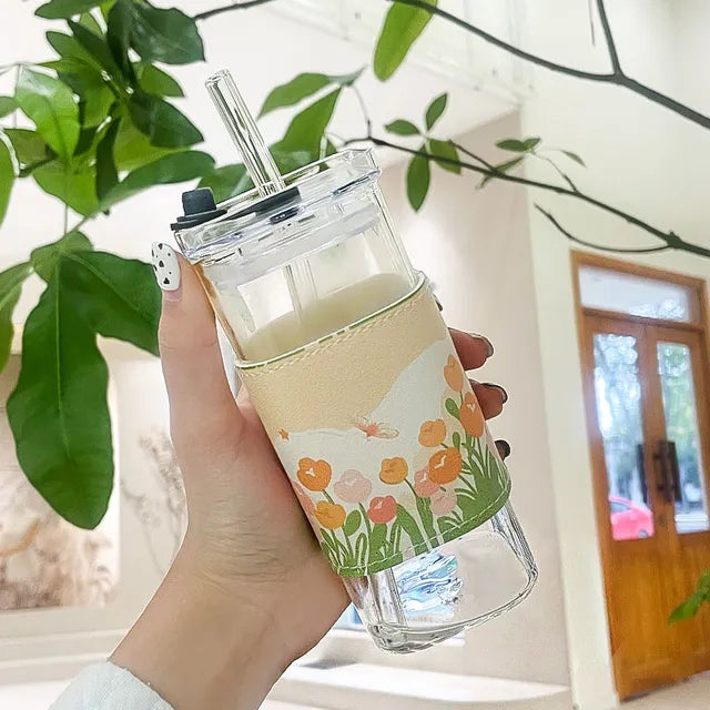 Shaped Glass Water Cup with Transparent Lid