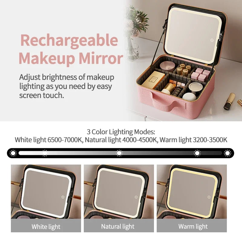 Light Up Box Vanity Organizer Portable Makeup Bag Mirror With Led Light