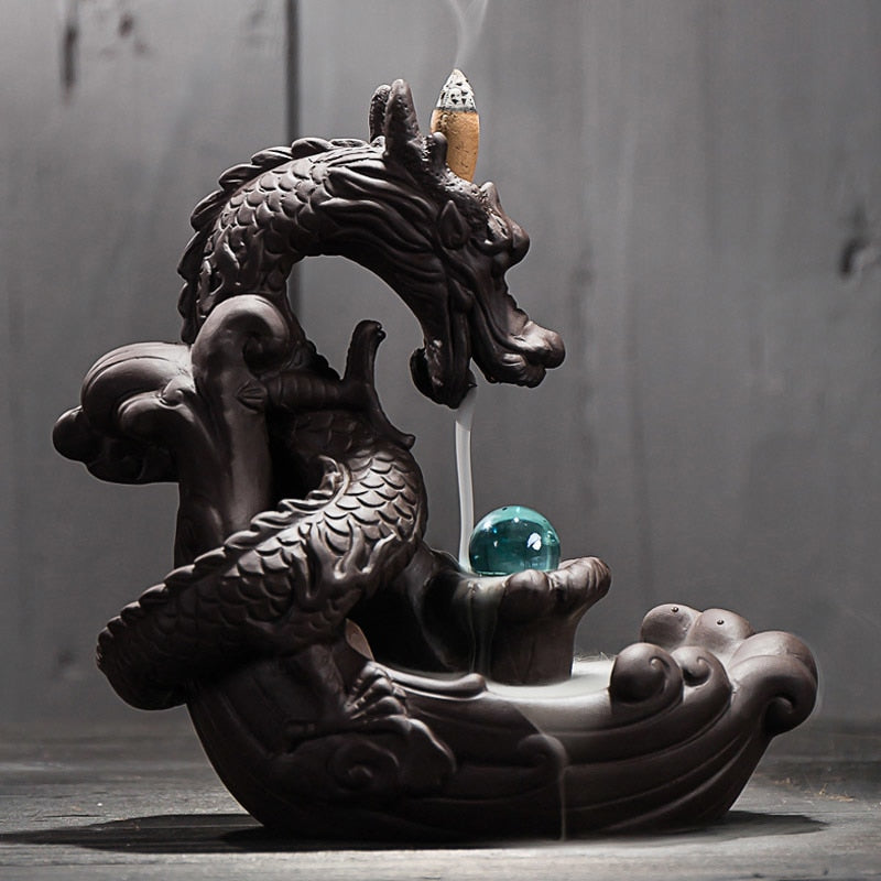 Ceramic Dragon Back-flow Incense Burner - 10 Incense Cones free gift