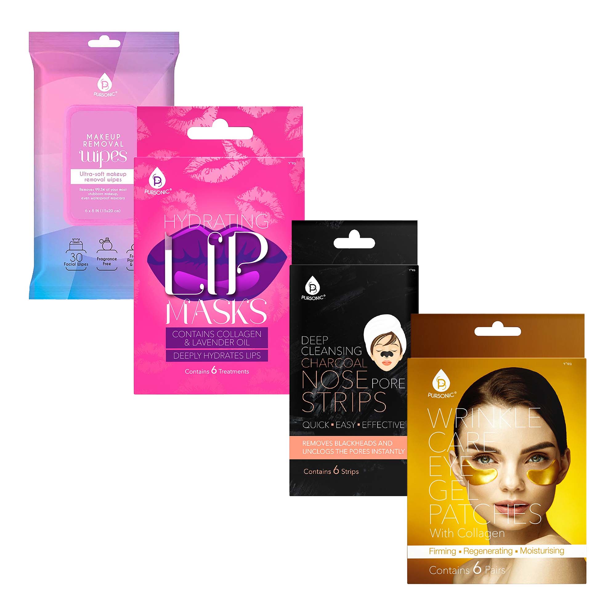 Pursonic Radiant Skin & Lip Care Bundle – Makeup Removal Wipes, Wrinkle Care Eye Gel Patches, Hydrating Lip Masks, & Deep Cleansing Charcoal Nose Strips-0
