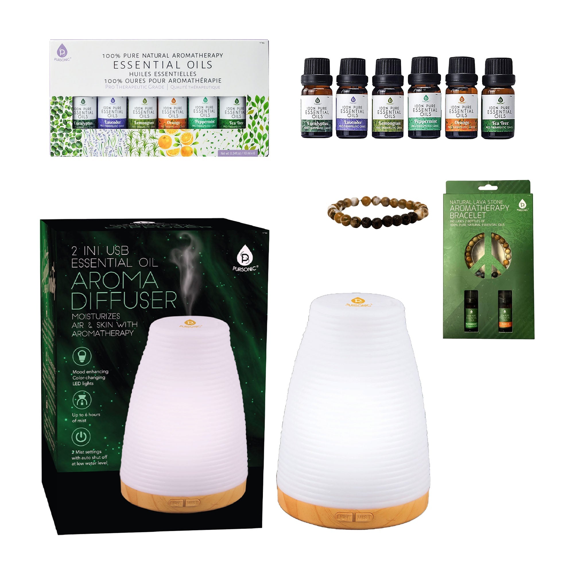 Pursonic Essential Oils Wellness Bundle – Includes Lava Stone Bracelet, 2-in-1 USB Diffuser, and 6-Pack of 100% Pure Aromatherapy Oils-0