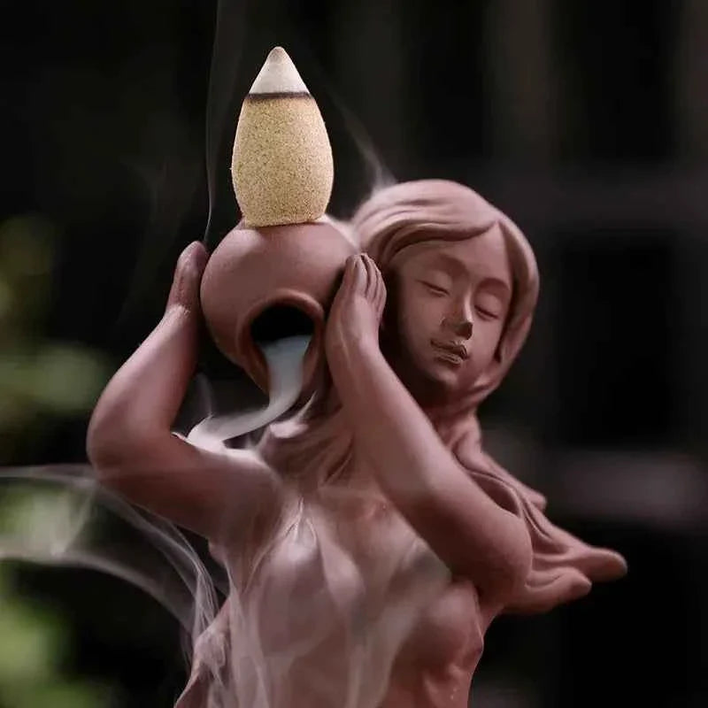 Waterfall Incense Burner Holder Backflow Ceramic Purple Sands Mermaid Cones for Home Decor Ornaments Zen Yoga Meditation Gift