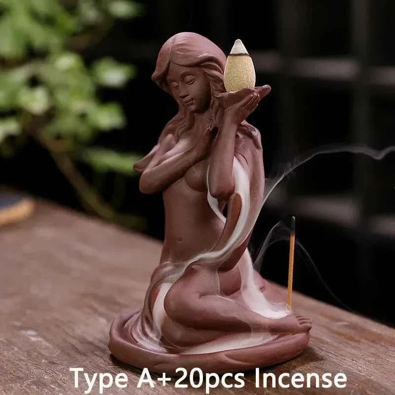 Waterfall Incense Burner Holder Backflow Ceramic Purple Sands Mermaid Cones for Home Decor Ornaments Zen Yoga Meditation Gift