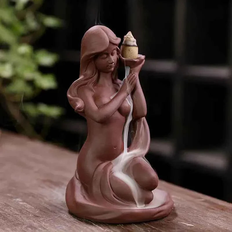 Waterfall Incense Burner Holder Backflow Ceramic Purple Sands Mermaid Cones for Home Decor Ornaments Zen Yoga Meditation Gift