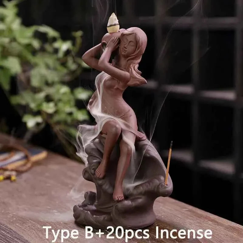 Waterfall Incense Burner Holder Backflow Ceramic Purple Sands Mermaid Cones for Home Decor Ornaments Zen Yoga Meditation Gift