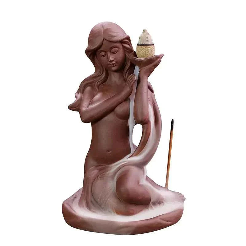 Waterfall Incense Burner Holder Backflow Ceramic Purple Sands Mermaid Cones for Home Decor Ornaments Zen Yoga Meditation Gift