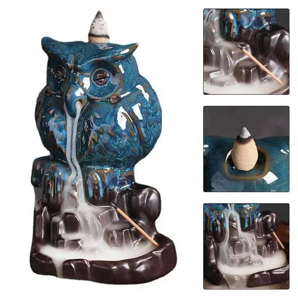Waterfall Incense Burner Owl-Shaped Figurines Home Decor Waterfall Incense Holder Aesthetic Burning Pot Desktop Decorations For