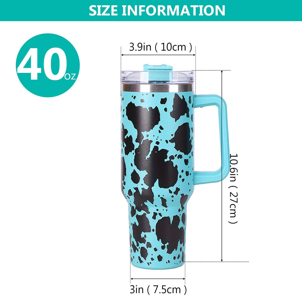 40oz 5D cowprint Insulated Tumbler With Handle And Straw Lid Portable Large Capacity water bottle, Heat preservation,304 Stainless Steel Cup For Outdoor Sports, Travel & Camping Birthday Gift