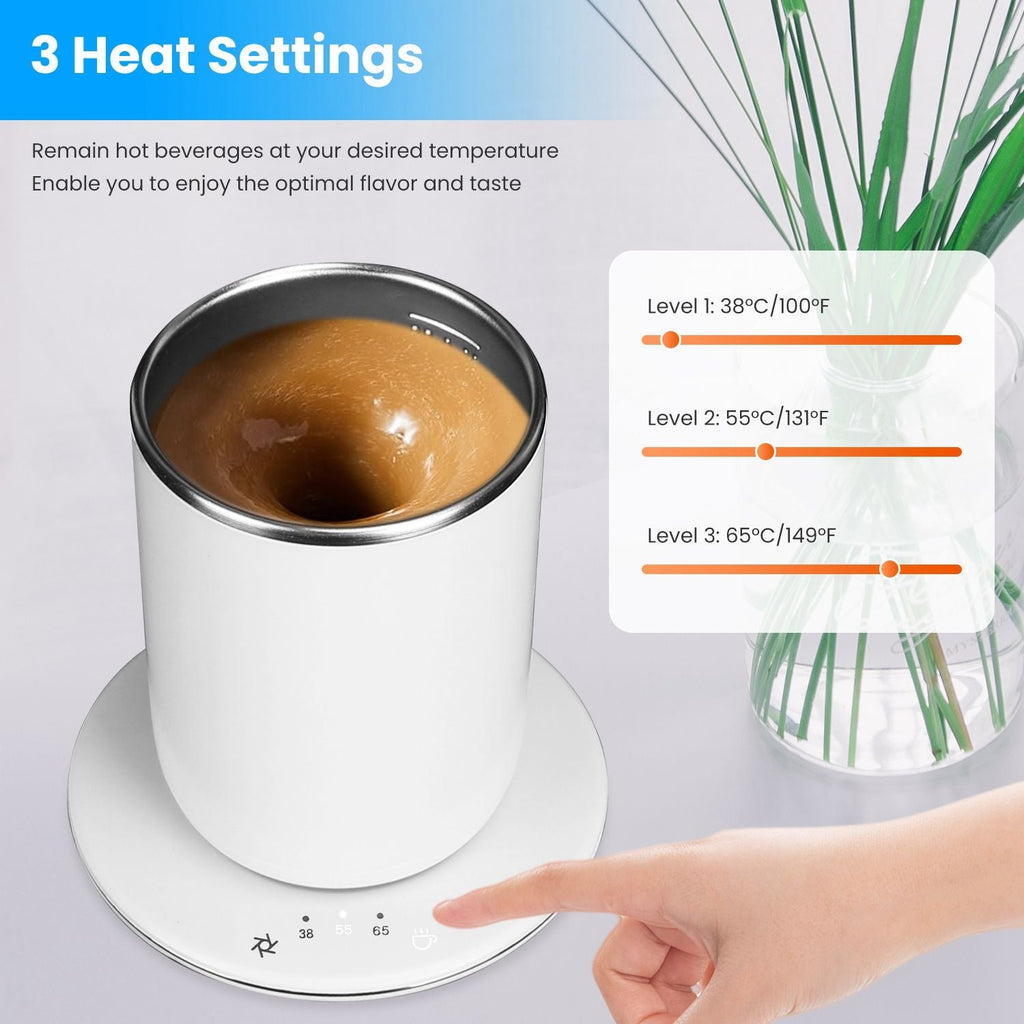 Self Stirring Coffee Mug with Lid Temperature Control Self-Heating Automatic Magnetic Mixing Mug with 3 Heat Settings Auto-Off Function For Coffee Tea Milk Cocoa Stainless Steel