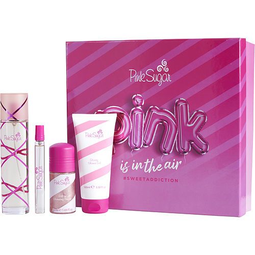 Pink Sugar by Aquolina EDT Spray 3.4 OZ & Shimmering Perfume Roll-On 1.7 OZ & Shower Gel 3.4 OZ & EDT Spray Mini 0.33 OZ